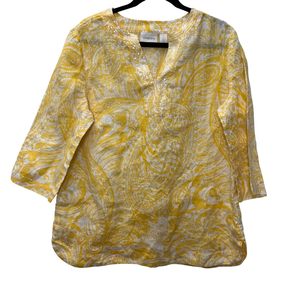 Chicos Paisley Sequin Embellished 100% Linen Tunic Top - Yellow White - Women's